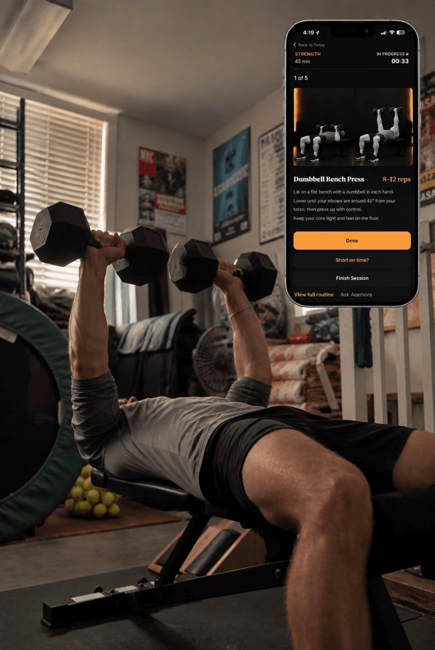 An athlete doing a dumbbell bench press, shown alongside Acemore’s in-session strength screen