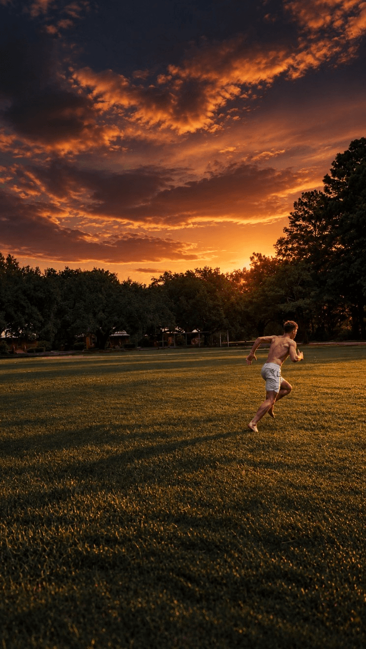 An athlete sprinting across a grass field under a sunset sky